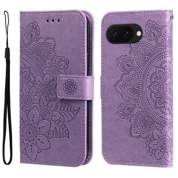 For Google Pixel 9a 6.3" Seven Petal Flower Embossed Strong Magnetic Attachment/Closure, Card Slots/Pocket, PU Leather Flip Wallet Case With Hanging Rope,Purple,For Google Pixel 9a