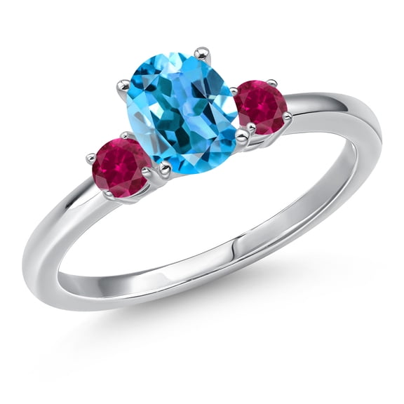 Gem Stone King 14K White Gold Swiss Blue Topaz and Red Created Ruby Engagement Ring for Women | 1.28 Cttw | Oval 7X5MM | Gemstone November Birthstone | Size 8