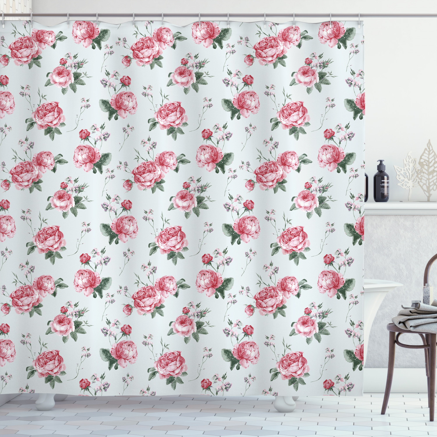 Shabby Chic Shower Curtain, Romantic Spring Summer Flowers Garden Roses