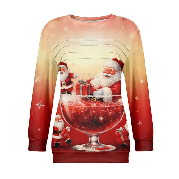 Women's Casual Long Sleeve Round Neck Sweatshirt Fit Pleated Top with Christmas Print for Fashionable Holiday Outfits and Comfortable Wear,Deep Red,2XL