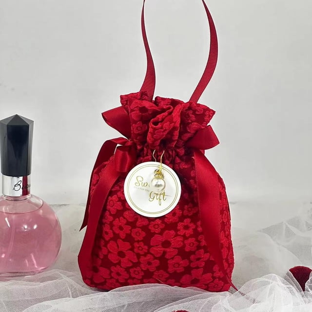 Canvas Floral Drawstring Bag Satin Bow Stripe Bowknot Handbag Large Capacity Korean Style Ribbon Bow Wrist Bag Wedding