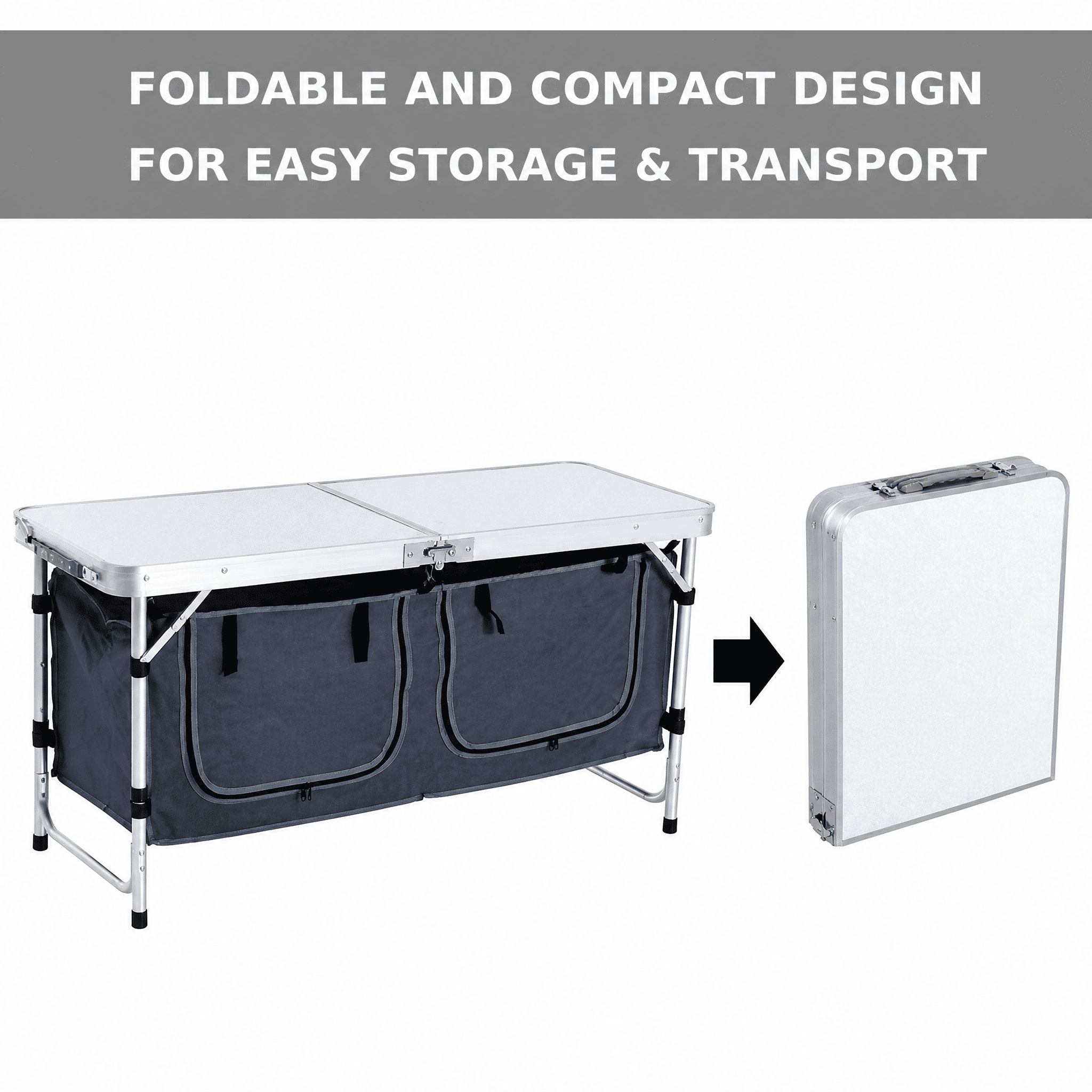 3 Height Adjustable Folding Camping Table with Zipper Oxford Storage Organizer, Aluminum Frame Solid MDF Tabletop Portable Outdoor Foldable Table Supports 55lbs for Picnic BBQ Tailgating Pebbles