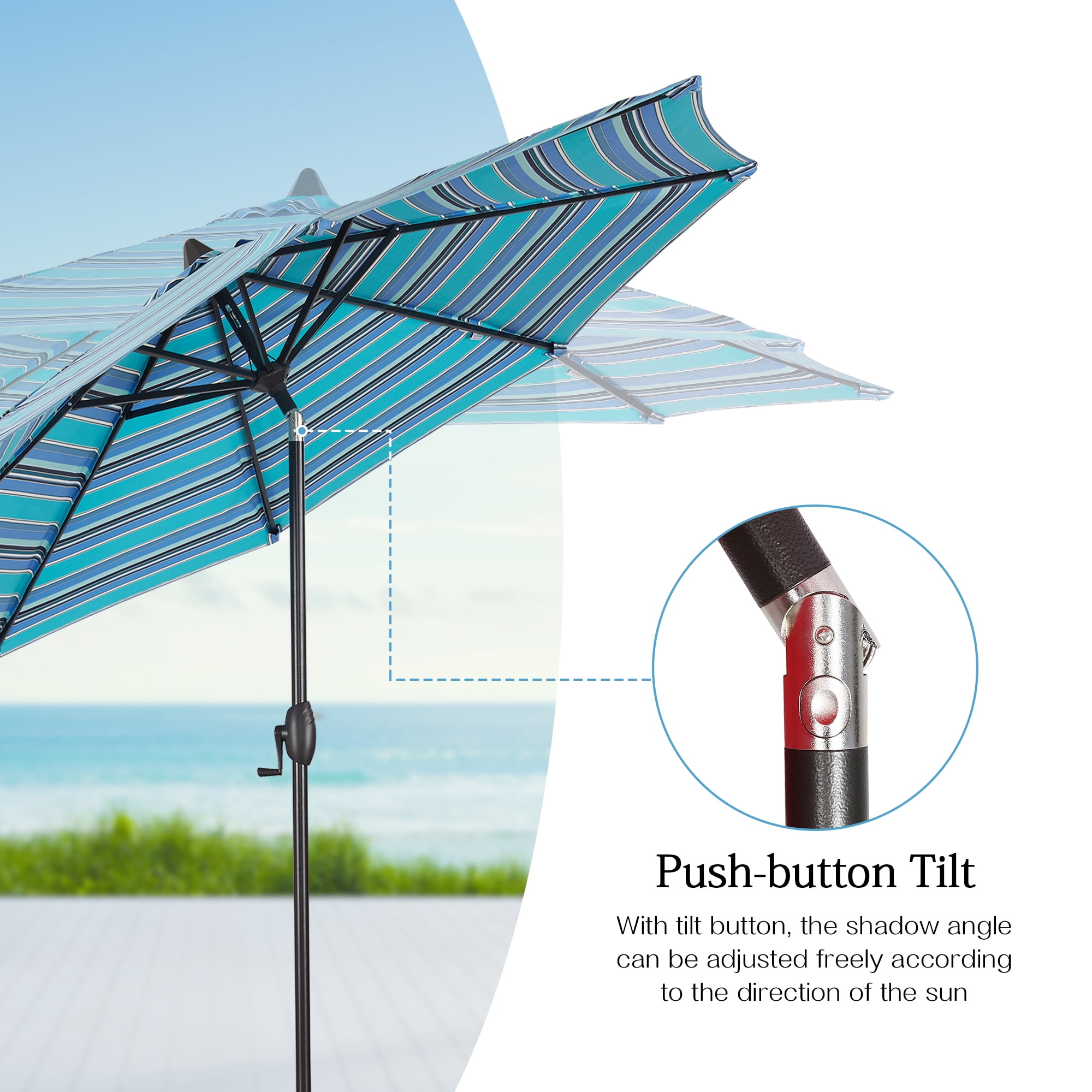 Iwicker 9Ft Patio Umbrella Sunbrella Outdoor Aluminum Market Umbrella with Crank and Push Button Tilt, Blue Stripe