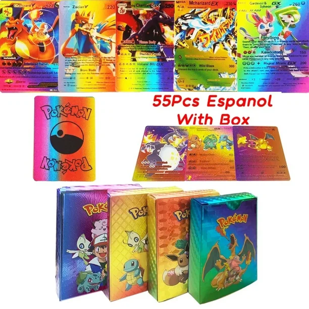 Tarjetas coloridas de lámina dorada de Pokémon, 55 piezas, Pikachu, Charizard, Arceus, Diamante arcoíris, inglés, francés, español, alemán, VMAX, GX, VSTAR