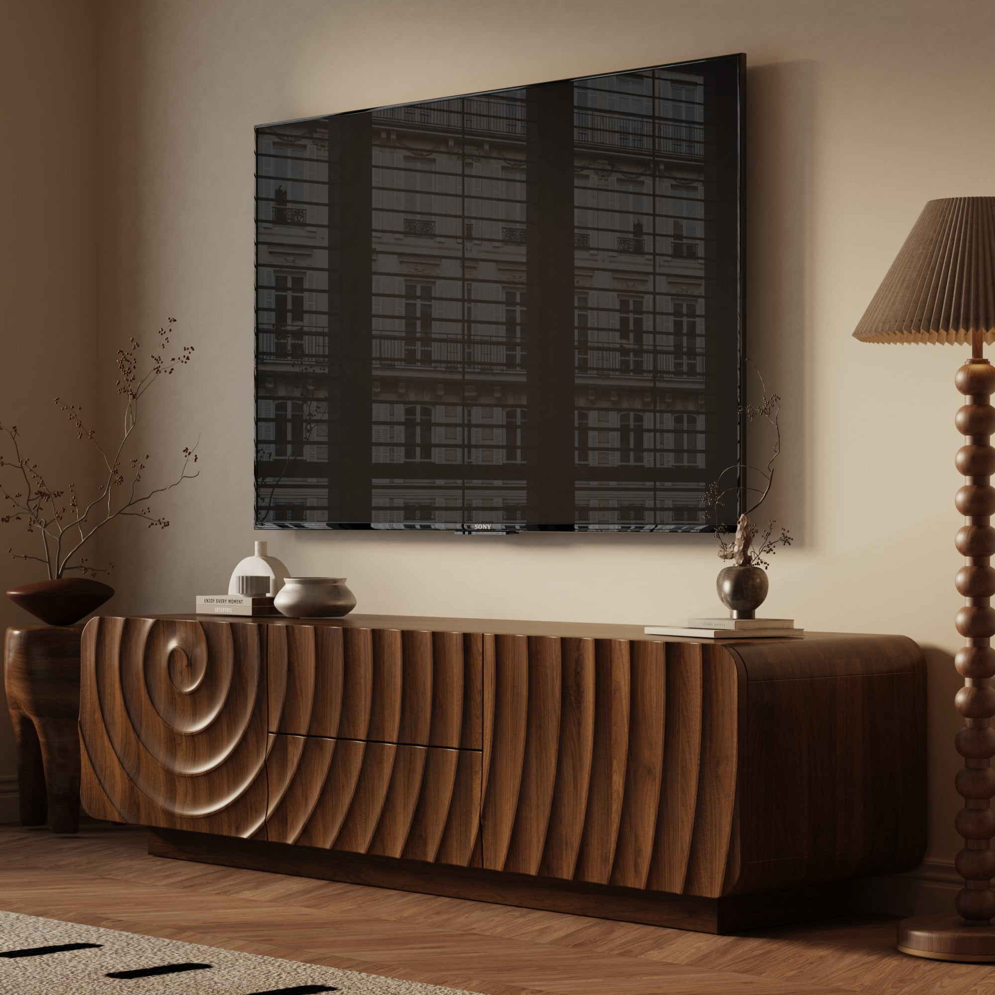 BSHTI 58.3" MDF TV Stand with 2 Drawers, Storage Cabinet, Spiral Wave Design, Entertainment Center for Living Room(Brown)