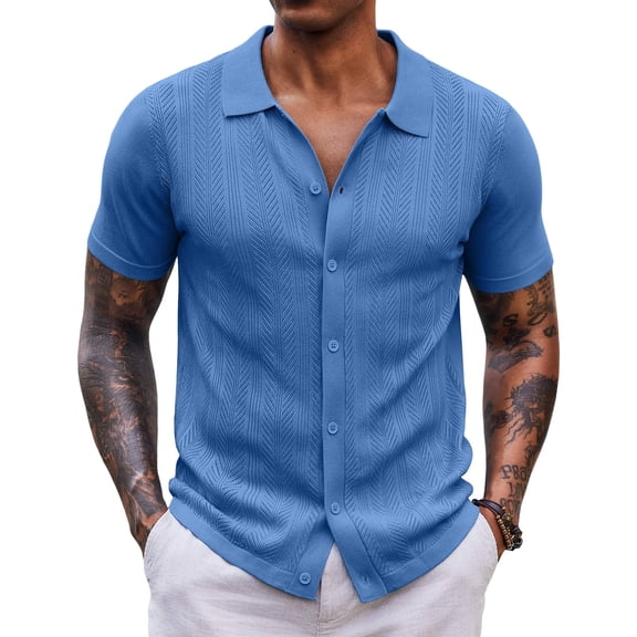 COOFANDY Mens Knit Button Down Shirt Short Sleeve Casual Polo Shirts Vintage Summer Beach Shirts Coffee