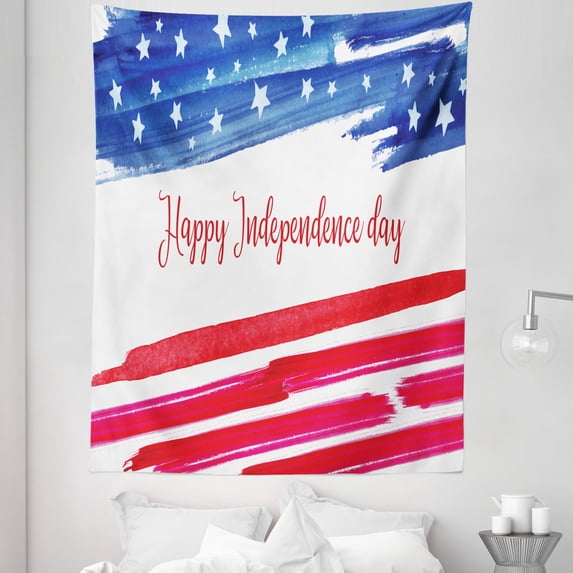4th of July Tapestry, Watercolor Design Happy Independence Day Text Illustration Art Print, Fabric Wall Hanging Decor for Bedroom Living Room Dorm, 5 Sizes, White and Multicolor, by Ambesonne