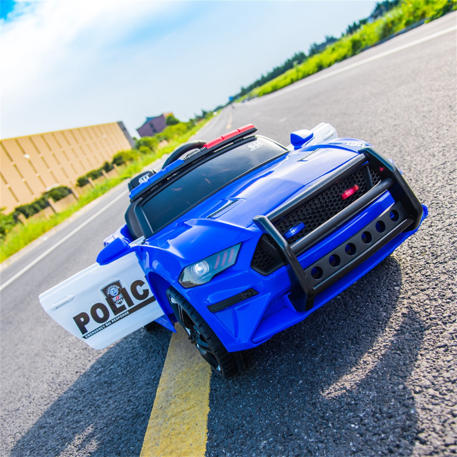 CIPACHO 12V Kids Ride On Car, Police Sports Car with 2.4GHZ Remote Control, LED Lights, Siren, Microphone, Blue