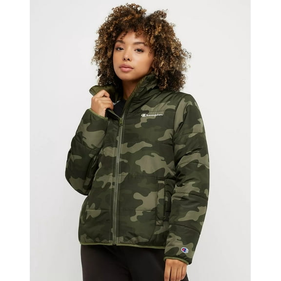 Champion Puffer Women's Jacket Lightweight Recycled Fill Camo Cargo Olive Small