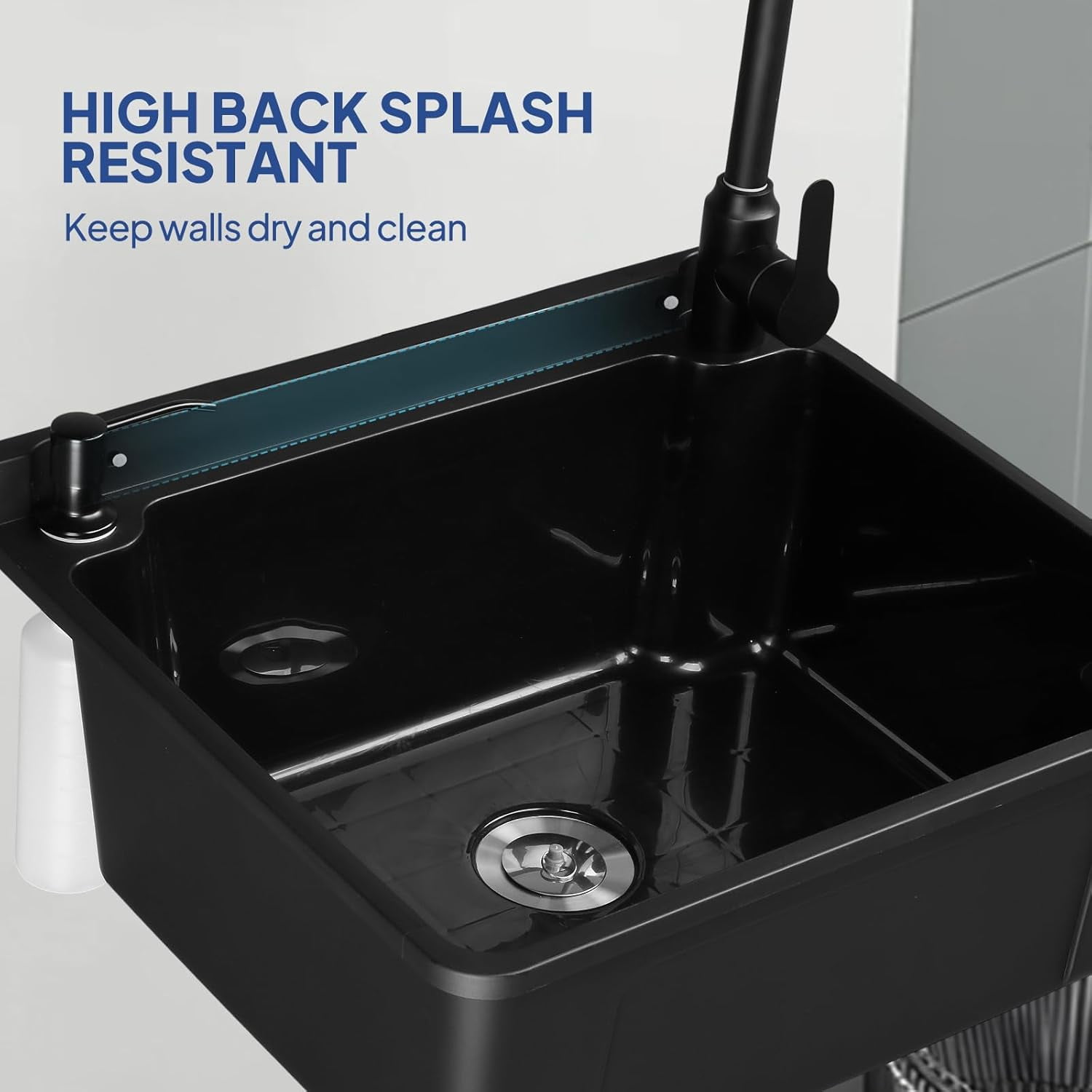 ROVSUN Plastic Wall-Mounted Utility Sink, Wall-Mounted Utility Tub with Wall Bracket, Hot&Cold Faucet, Drain Plug, Perfect for Basement, Laundry Room, Garage or Shop and More, Black