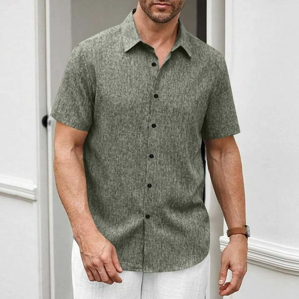 Playera Elvqul para Hombre Casuales Algodón Verde Lino sin Estampado Manga Corta con Solapa Botones