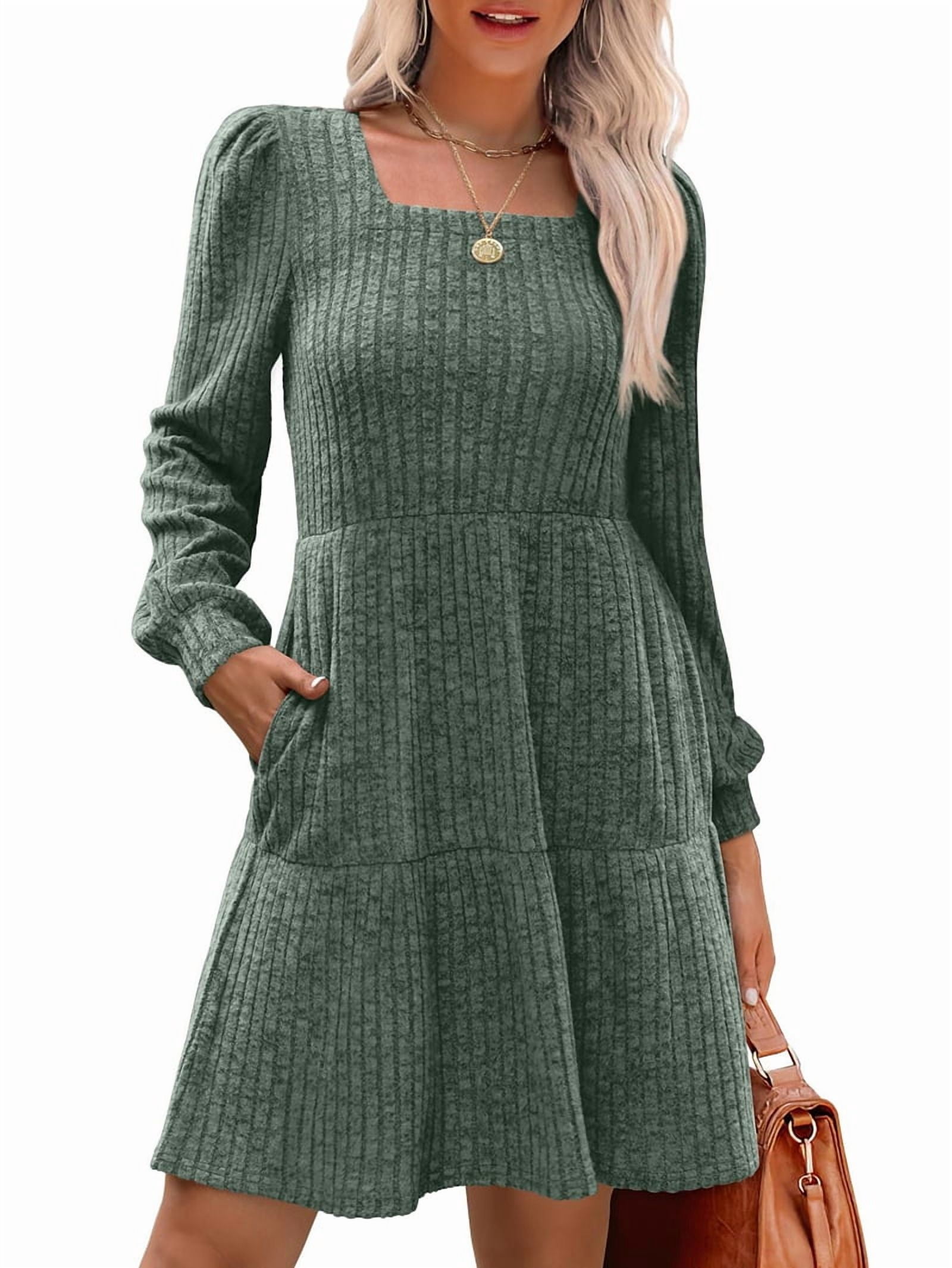 Womens Square Neck Long Sleeve Fall Dresses Casual Babydoll Sweater Dress Green L