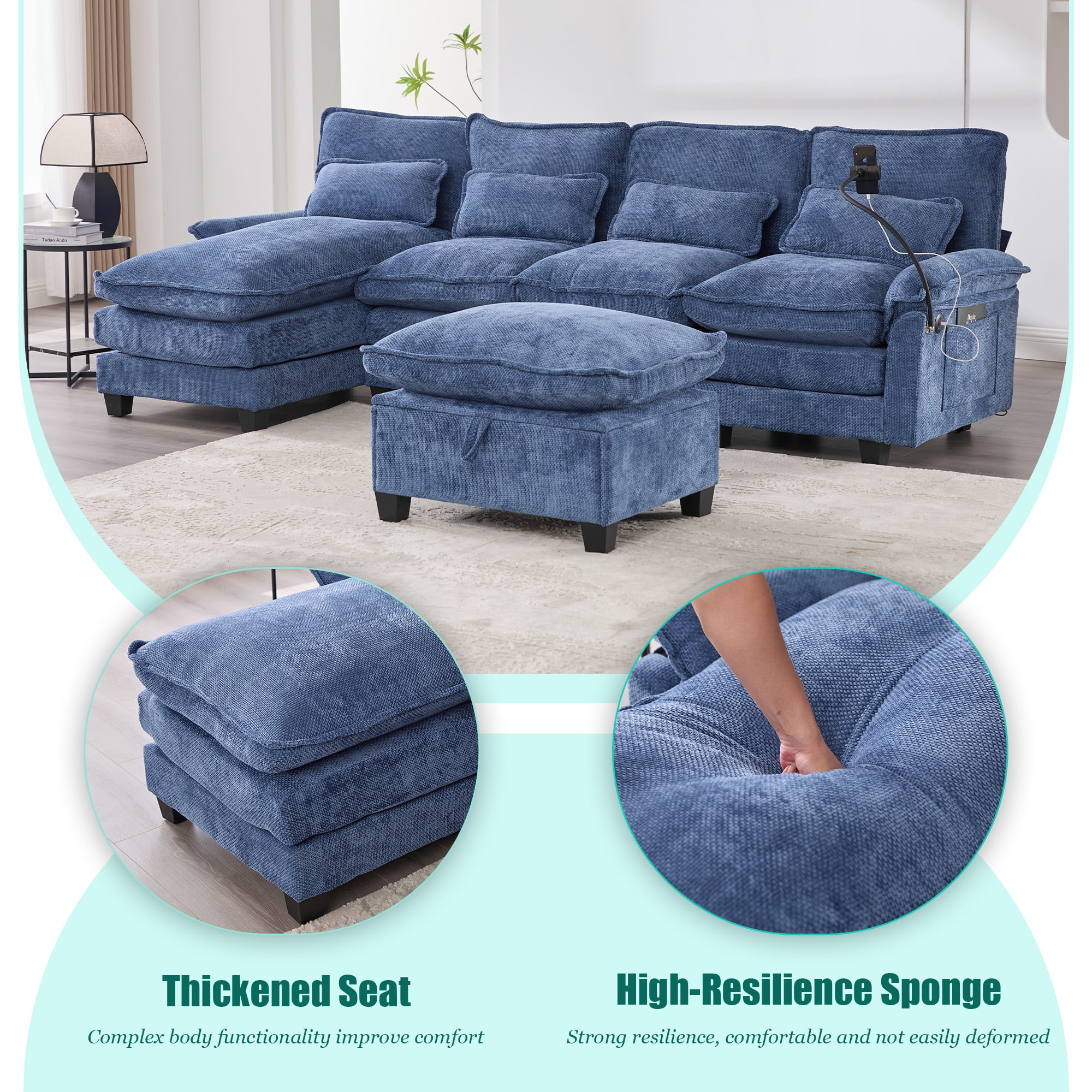 MOONMIS 106" U Shape Sectional Sofa Cloud Couch for Living Room, Upholstery Comfy Modular Sofas, 4 Seat Chenille U-Shaped Sleeper Sofa with Chaise Lounge, Ottoman & Pillows