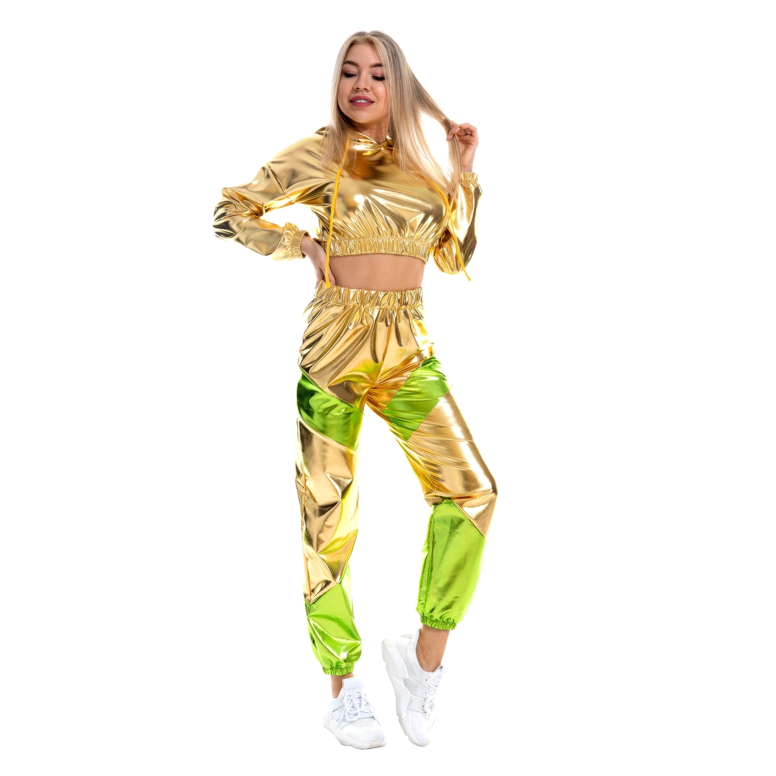 IBTOM CASTLE Women's Rave Outfit Shiny Crop Top Hoodie Casual Long Pants Hooded Workout Sweatshirt Dance Clubwear XL Gold