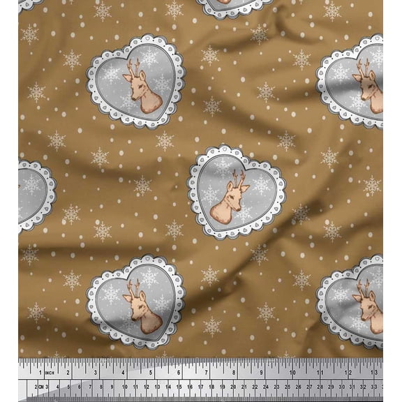 Soimoi Brown Velvet Fabric Snowflake,Heart & Reindeer Face Animal Print Fabric by the Yard 58 Inch Wide