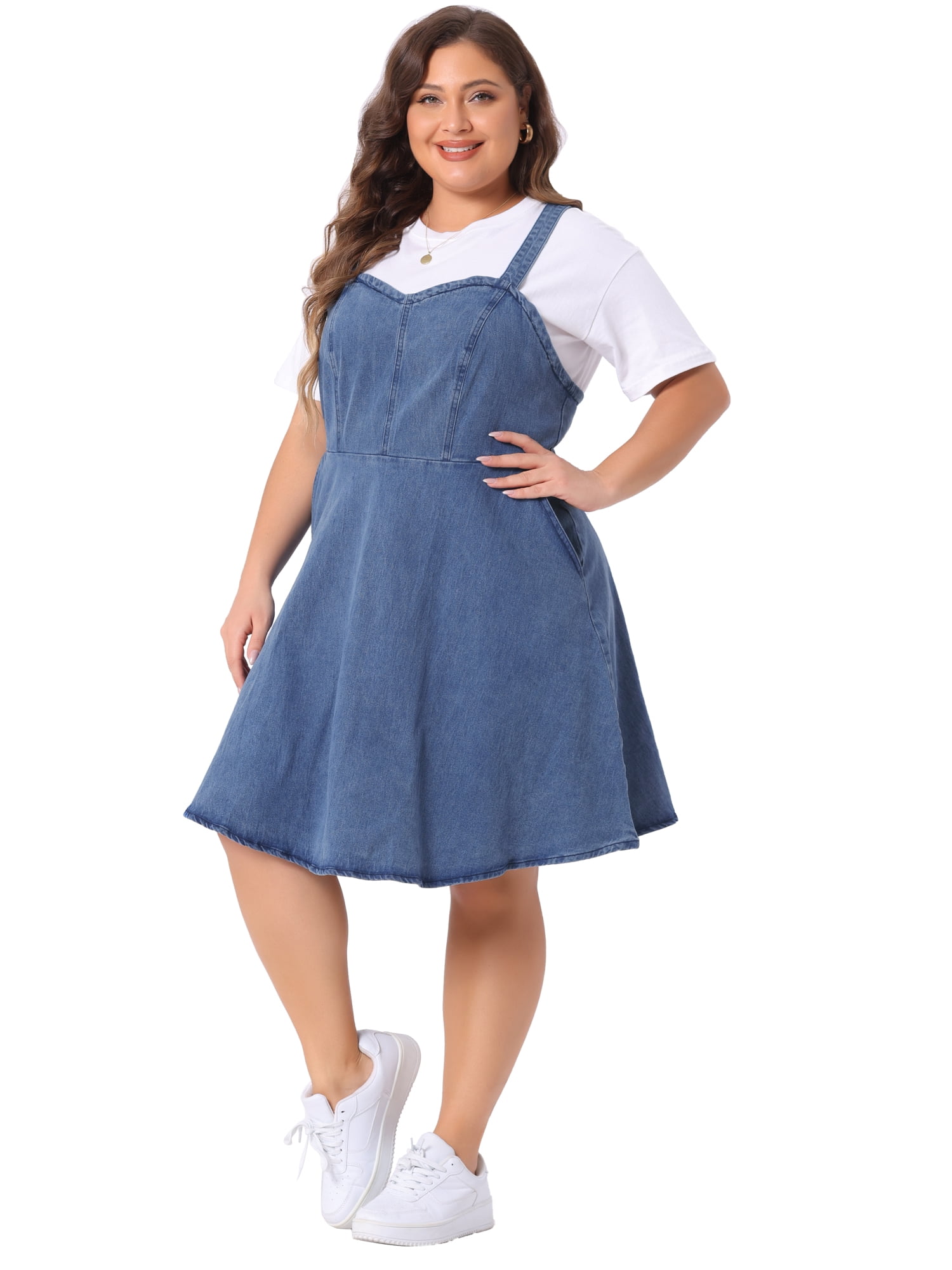 DARING DIVA Women's Plus Size Denim Overall Adjustable Straps Pockets Dress 5X Light Blue