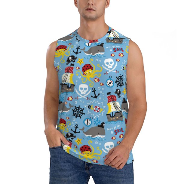 Fotbe Pirate Marine Animals Men's Camiseta sin Mangas Estampada para Hombres, Playera Casual para Gimnasio, Entrenamiento, Playa-Medium
