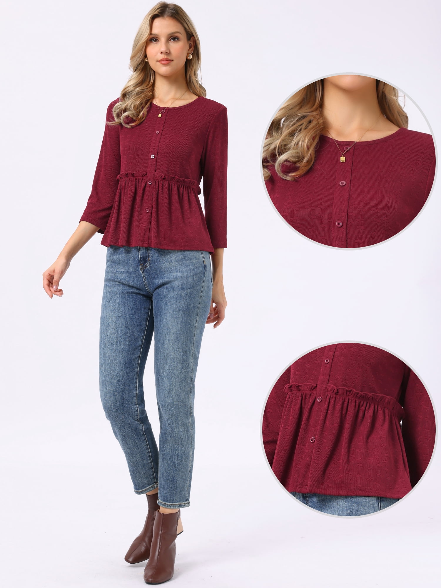 DARING DIVA Women's Peplum Crew Neck 3/4 Sleeve Ruffle Pullover Blouses S Burgundy