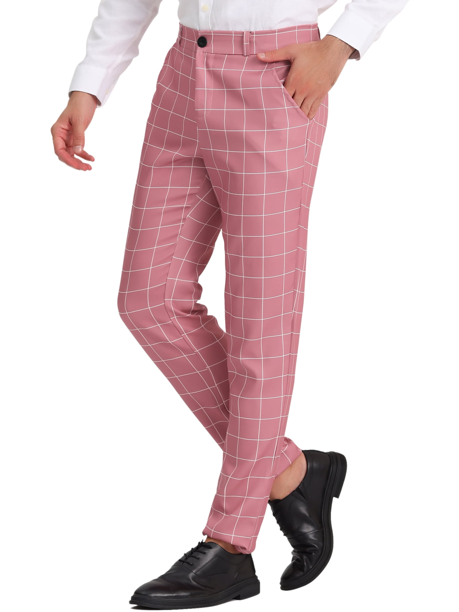 Unique Bargains Men's Plaid Printed Straight Leg Business Casual Checked Pants 30 Pink White