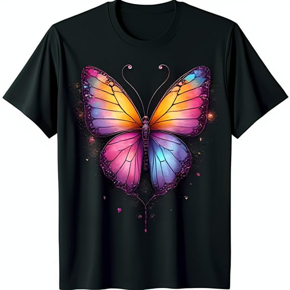 Vibrant Butterfly Graphic Black T-Shirt Colorful Pink & Design