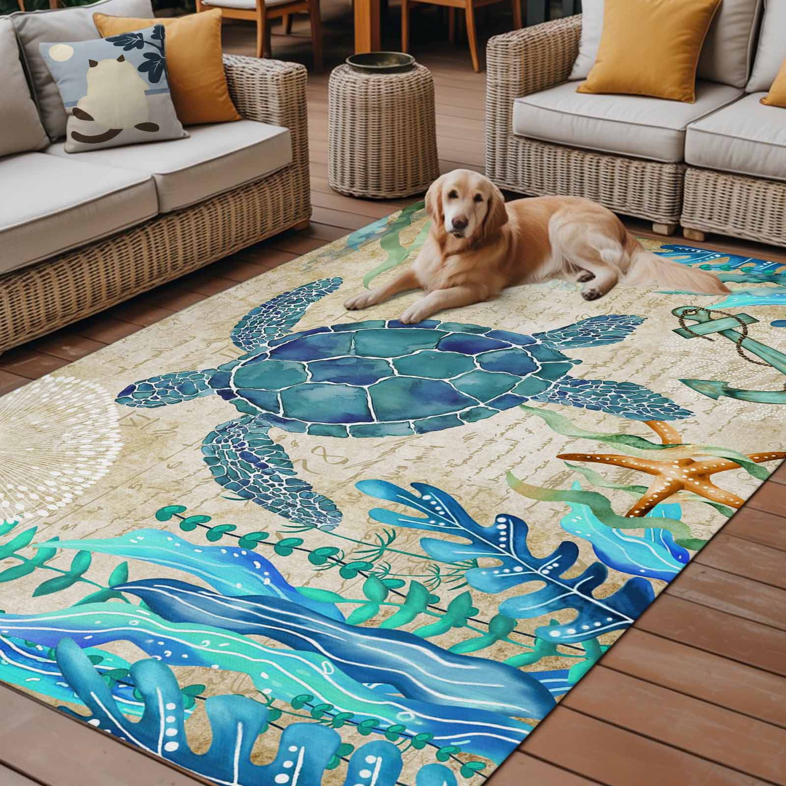 4' x 6' Outdoor Rug, Teal Sea Turtle Coastal Outdoor Washable Rug Large Floor Carpet, Vintage Summer Beach Seaweed Non Shedding Area Rug for Outside Patio RV Porch Deck Balcony Camping Living Room