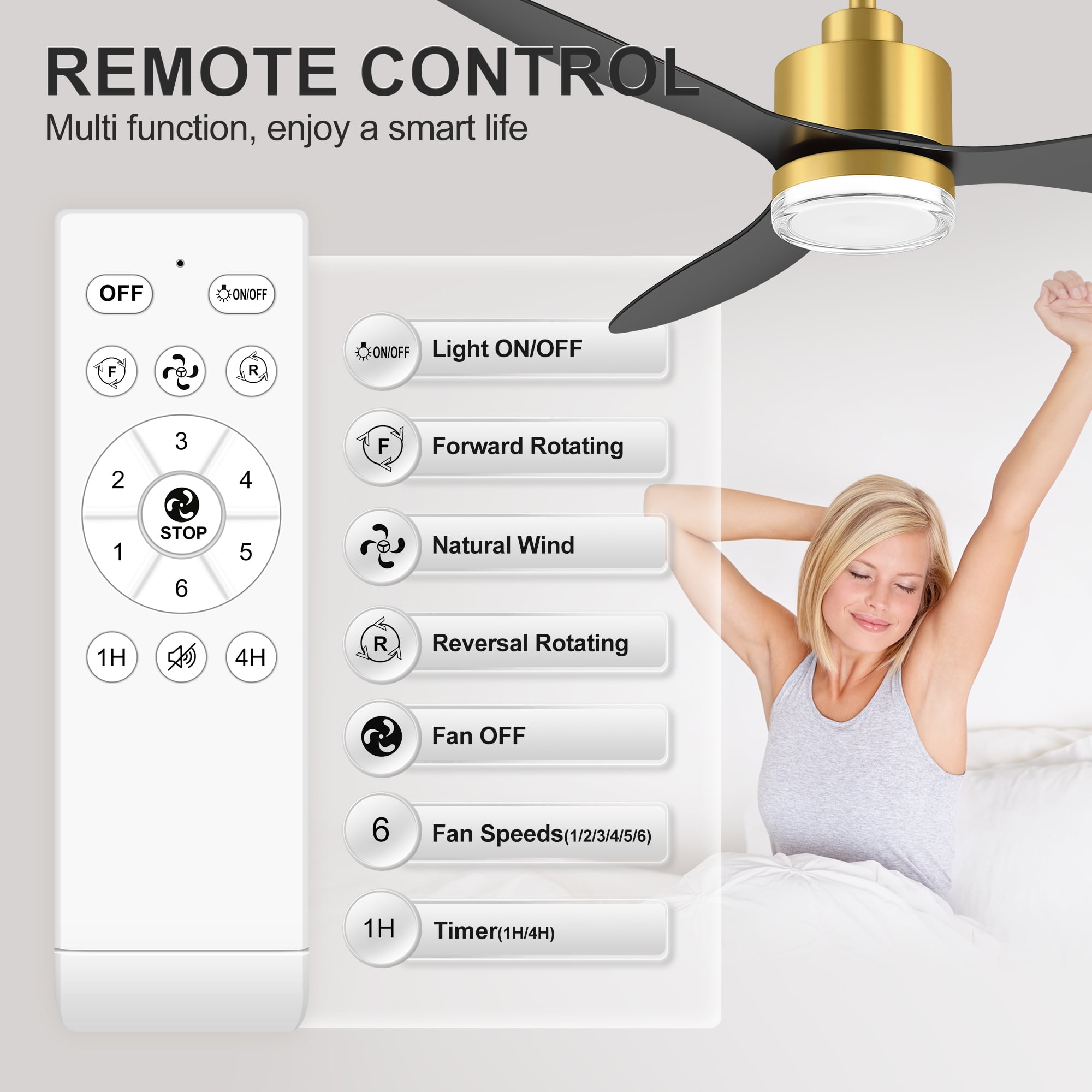ALKAFY 52 inch Golden Ceiling Fan with LED Light and Remote -  3 Color Temperatures, for Living Room & Bedroom