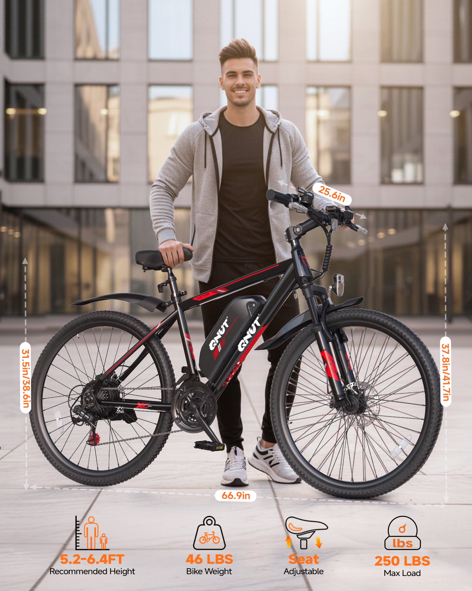 QNUT Full Aluminum Electric Bike for Adults & Teens, Peak 750W, Upgraded Adjustable Handlebars, 21-Speed Commuter E-Bike with Dual Disc Brakes, 40-Mile Range, for mountain & Commuter (Black-Red)
