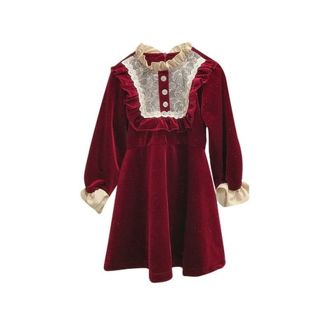 

Kids Girls Christmas Dress Round Neck Long Sleeves Ruffled Lace Patchwork Elegant Baby Princess Velvet Party Clothes