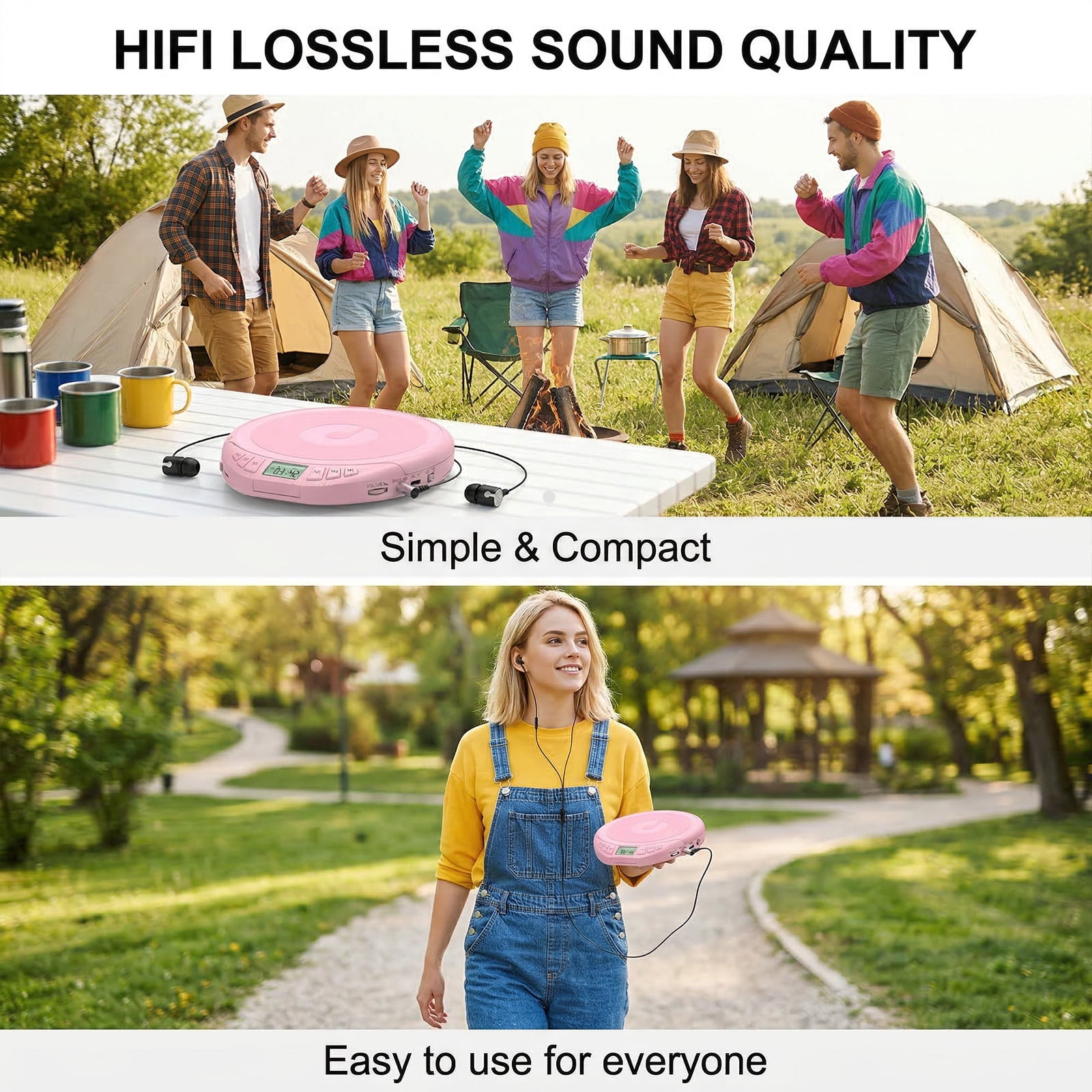 Hotmuscd Portable CD Player with Earphones,CD Discman with Anti-Skip Shockproof Protection,Support PROG Memory Function for Car Home,Pink