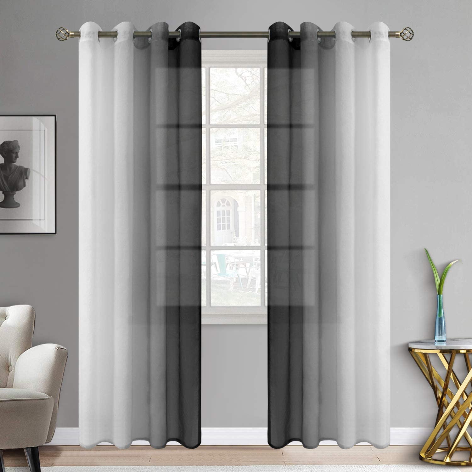 Ombre Sheer Curtains Faux Linen Grommet, Light Gray Semi Sheer Curtains