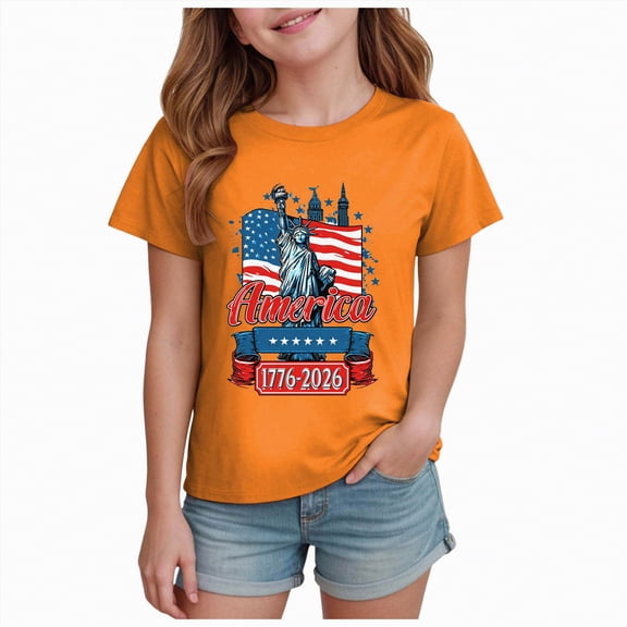 mgoYE Girl T-Shirts 7/8 Summer Girls Shirts - Cute T-Shirt Boys Graphic Tee 4th of July Shirt 250 Years Soft Cotton Crewneck Short Sleeve Tops(Orange,13-14 Years)