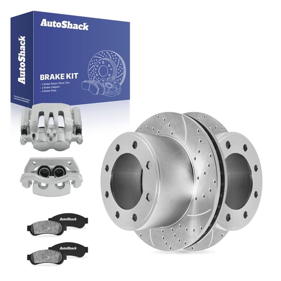 AutoShack Rear Vented Drilled & Slotted Silver Zinc Coated Brake Rotors   Ceramic Pads   Calipers 8-PC Brake Kit Replacement for 2008-2012 Ford F-250 Super Duty SilverShield Pro 13.39" (340 mm)