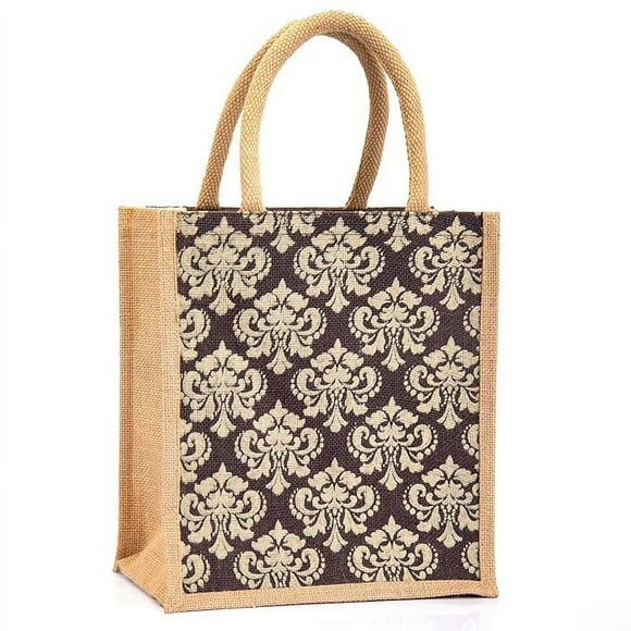 Jute bag for lunch box €“ Jute handbag, jute tote, jute lunch bags for office, tiffin bags for office, Printed jute bag ZIP, BOTTLE HOLDER €“ Damask Design