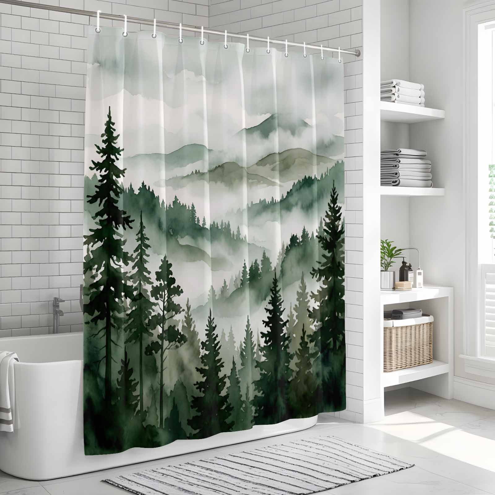 Shower Curtain Bathroom Set Forest Green Gradient Tree Mountain Waterproof Fabric Shower Curtains with Grommets&Hooks, Natural Scenery Privacy Bath Curtain for Bathtub 36x72in