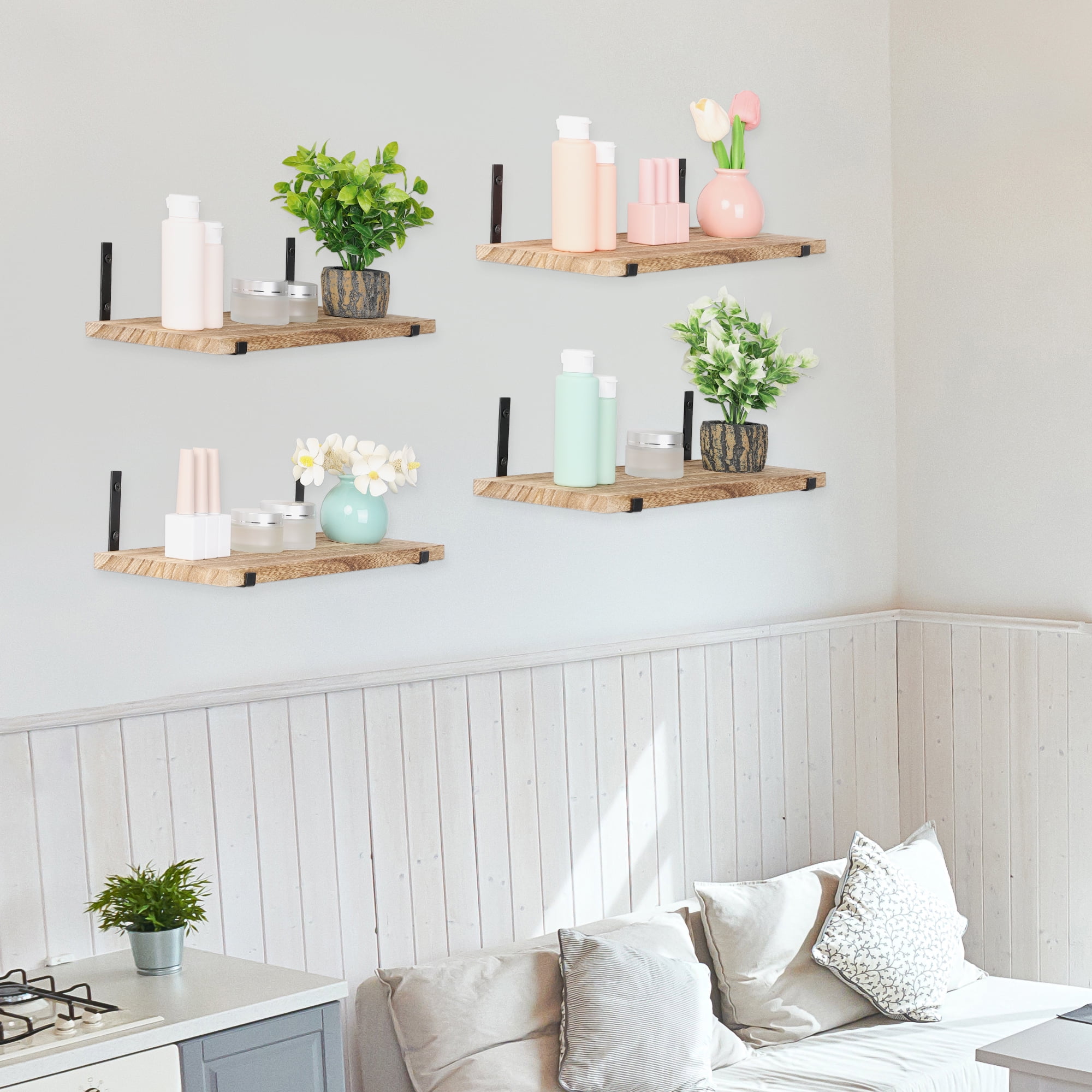 REGALWOVEN Wood Floating Shelves Set of 4, Wall Mounted Shelves for Bedroom and Kitchen Wall Decor Brown 16.5*6.7in