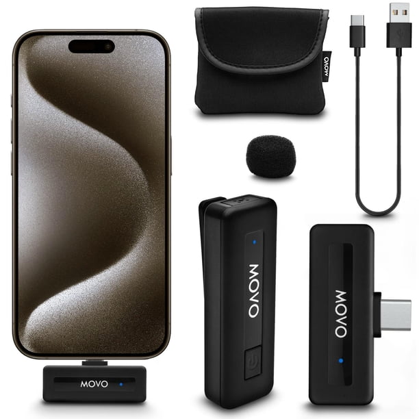 Micrófono Inalámbrico USB-C Movo Negro con Batería de 10 Horas y Alcance de 165 Pies Compatible con