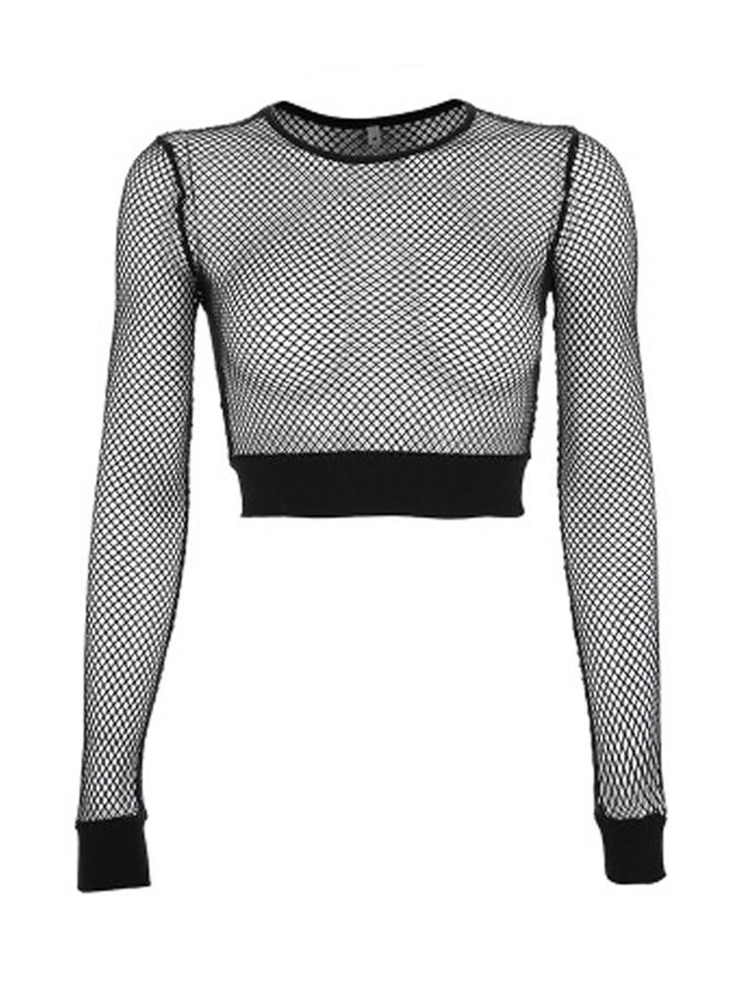 Women Long Sleeve Mesh Perspective Fishnet Crop Bodysuit Top T-Shirt Panties Set
