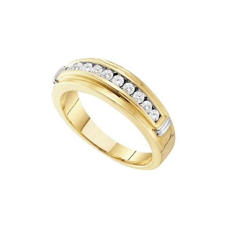 14k Goldmans Wedding Band - 14kt Yellow Two-tone Gold Mens Round Channel-set Diamond Single Row Wedding Band 1/2 Cttw