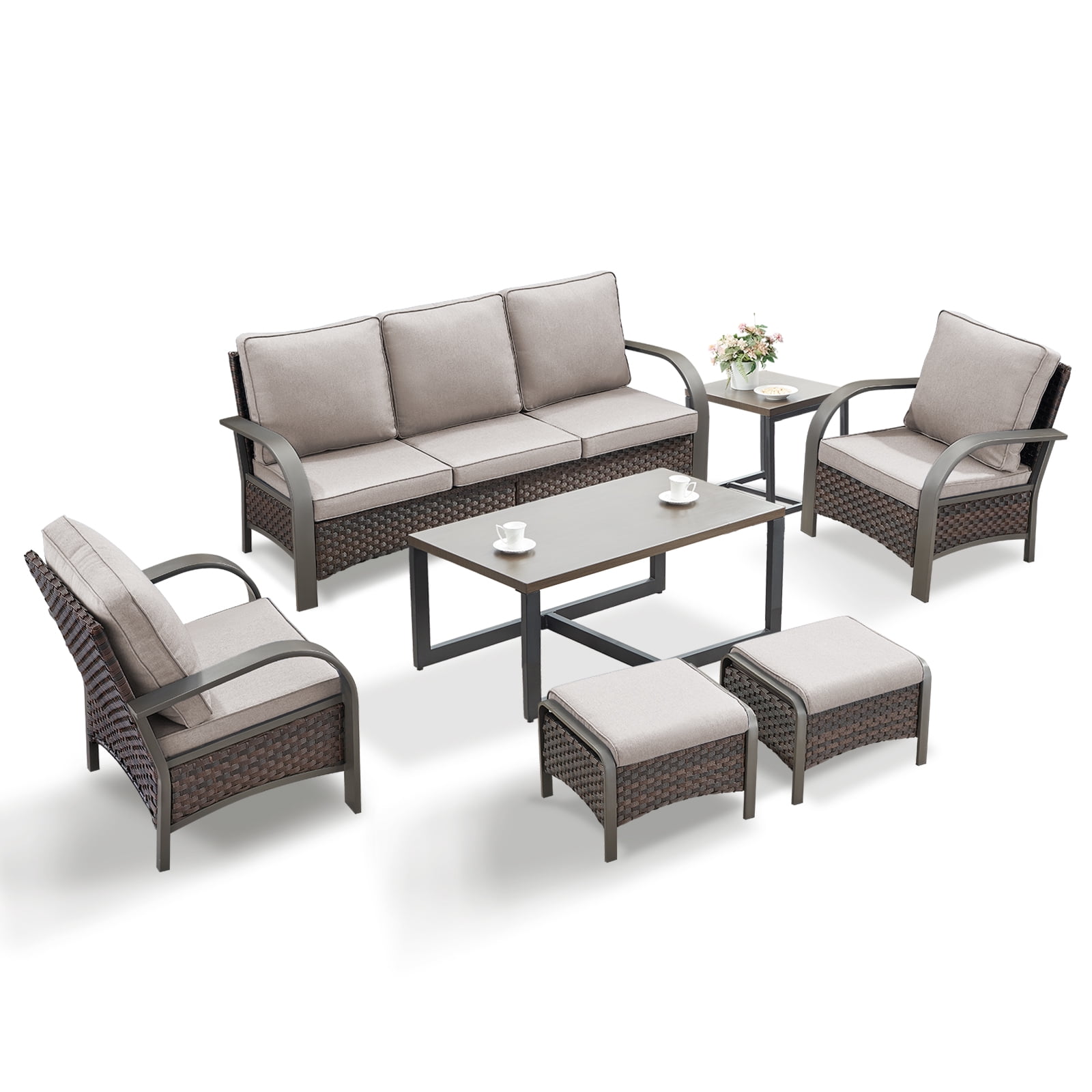 OPOHORO 7-Piece Outdoor Patio Furniture Set with Sofa, 2 Patio Lounge Chairs, 2 Ottomans, Coffee Table and Side Table, PE Wicker Deep Seating with Beige Cushions