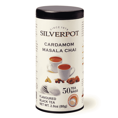 Silverpot Cardamom Masala Chai Tea Bags, 50 Count, Indian Masala Chai Tea, Assam Milk Tea with Cinnamon, Cloves, Pepper, Caffeinated, 100% Natural