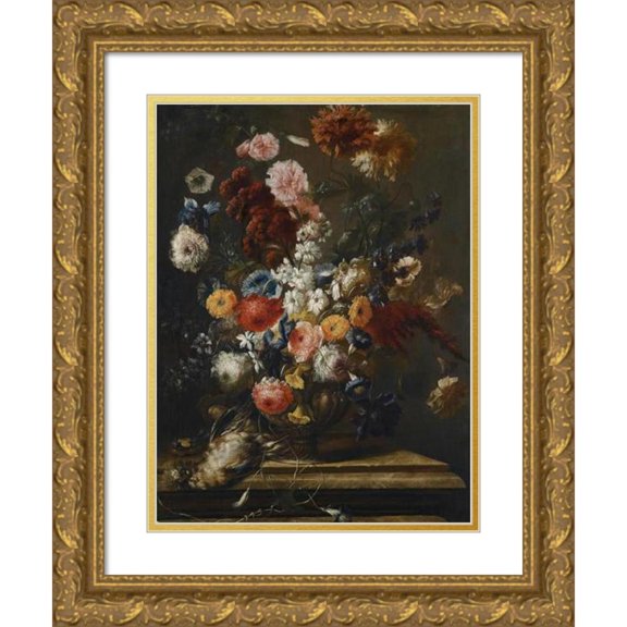 Franz Werner von Tamm 19x24 Gold Ornate Framed and Double Matted Museum Art Print Titled - A Still Life of Flowers in an Urn on a Marble Ledge with a Bird