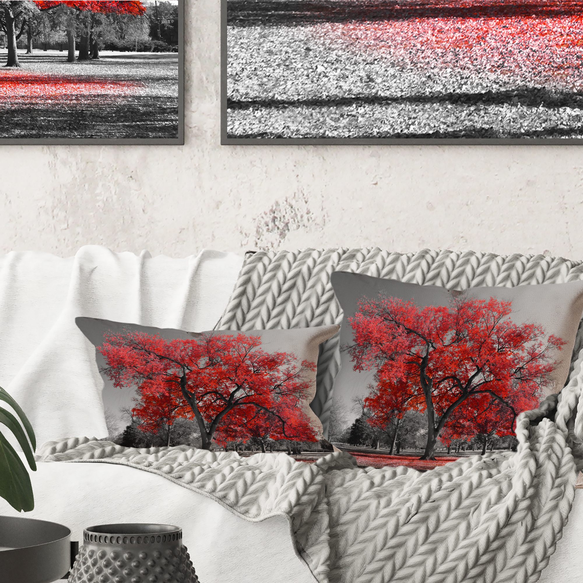 Designart Big Red Tree on Foggy Day - Landscape Printed Throw Pillow - 12x20