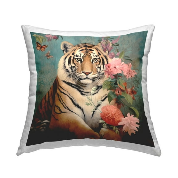 Stupell Industries Tiger with Flower Bunches Decorative Printed Throw Pillow Design by Lazar Studio