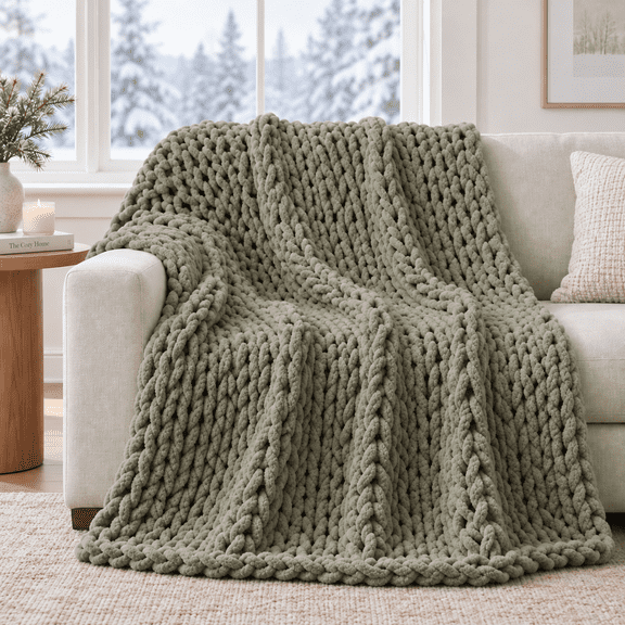 Unikome Chunky Knit Blanket 50" x 60", Soft Cozy Throw Blanket for Couch Sofa Bed, Knit Design for Living Room Bedroom, Sage Green