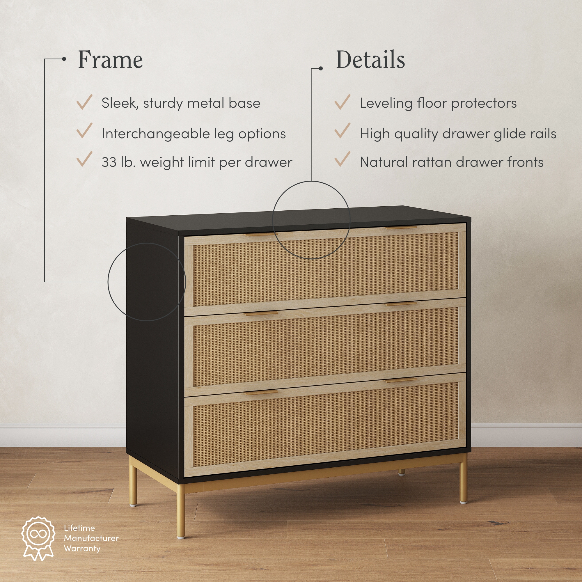 Nathan James Andrew 3-Drawer Chest Rattan Dresser, Bohemian Deep Drawer Dresser for Bedroom with Natural Rattan Accent and Metal Legs, Matte Black