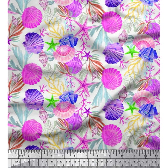 Soimoi Polyester Crepe Fabric Coral,Starfish & Sea Shell Ocean Fabric Prints by Yard 42 Inch Wide