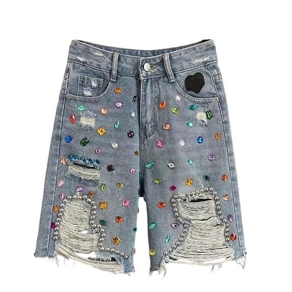 uvwlwu Men Rhinestone Decor Ripped Jean Shorts High Waist Frayed Hem Comfort Breathable Denim Shorts for Daily Casual Outfits,L