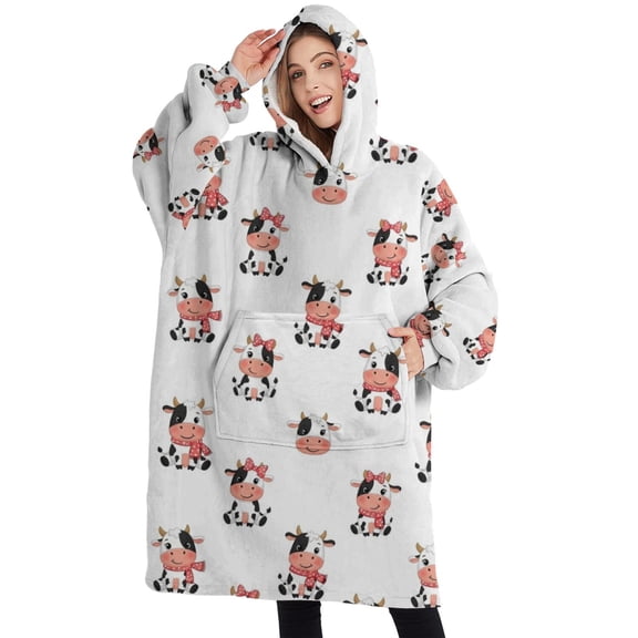 Oversized Wearable Blanket Hoodie,White Cow Scarf Pattern Sherpa Blanket Hoodie with Super Pockets,Super Warm Fuzzy Pullover for Women & Men