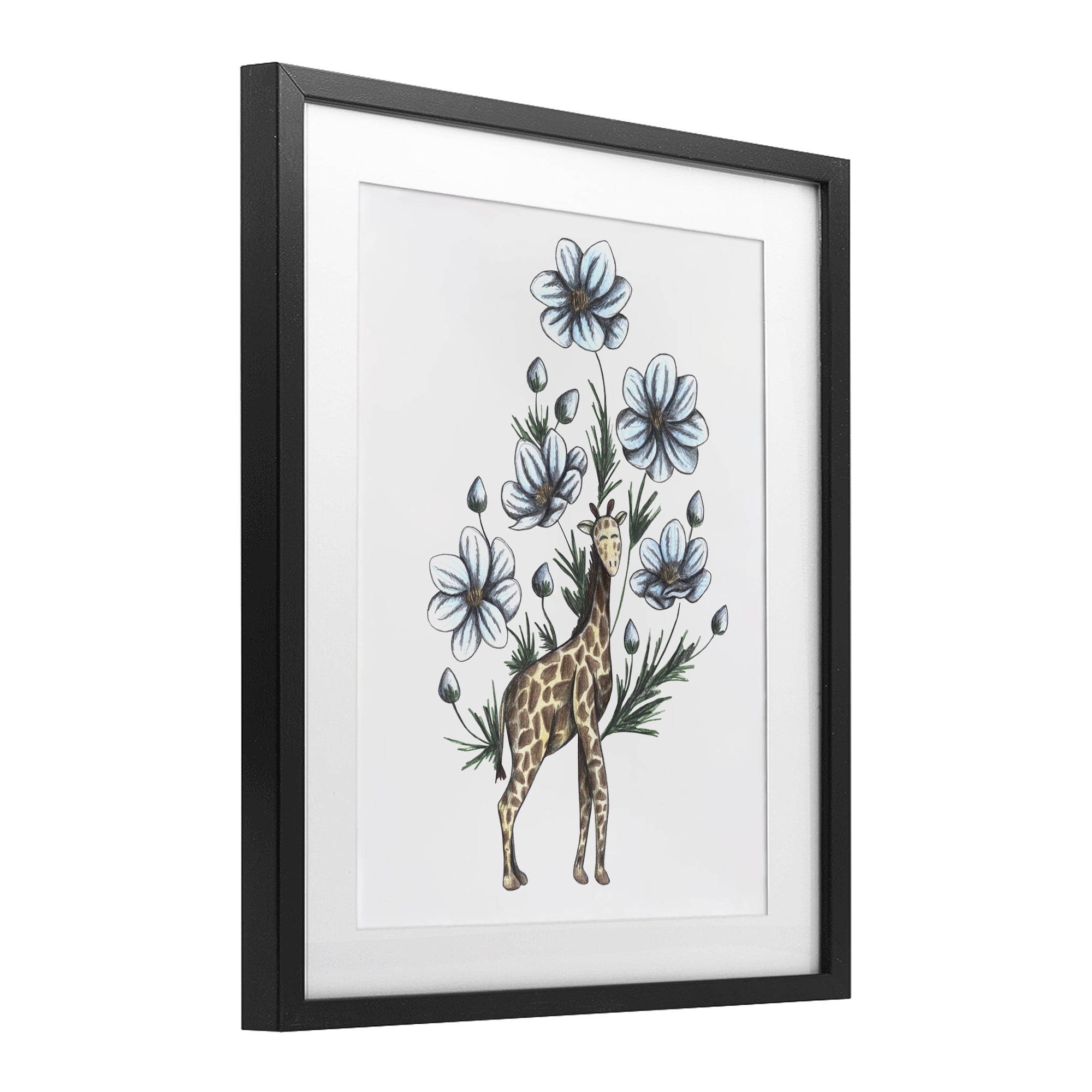 Giraffe with Flower Blossoms Black Framed Print Under Glass, design by Cecilia Battaini