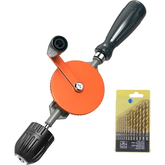 Hand Drill - 3/8" (10mm) Capacity Hand Drill with Keyless Chucks, Cast Steel with 13pcs Bit Set for Wood & Plastic